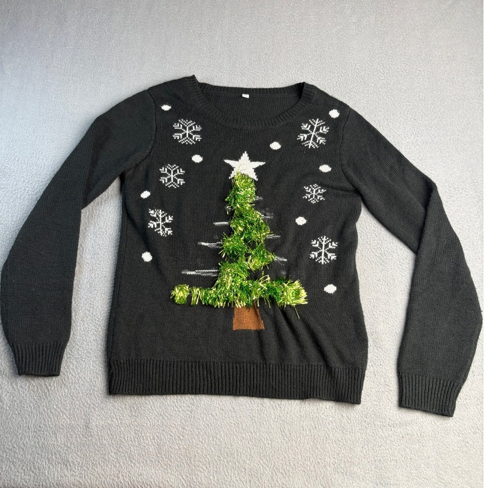 Black Ugly Christmas Sweater Tinsel Tree Snowflakes Crewneck Pullover Medium